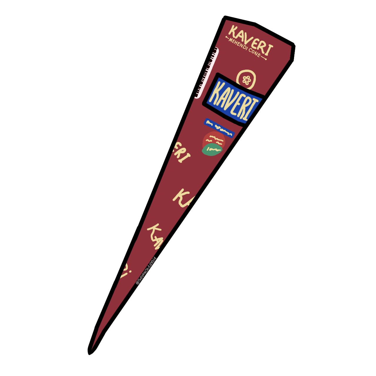 a cartoonish henna cone of the kaveri brand. It is a burgundy color, with gold writing on the wrapper. There are red, blue, and green shapes. There is a bar code on the top left of the cone.